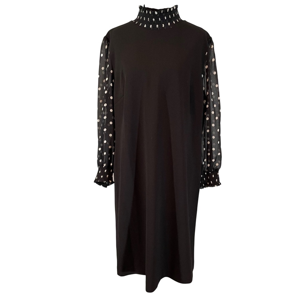 Tommy Hilfiger Black Polka Dot Sheer Sleeve Smocked High Neck Shift Dress Sz 16